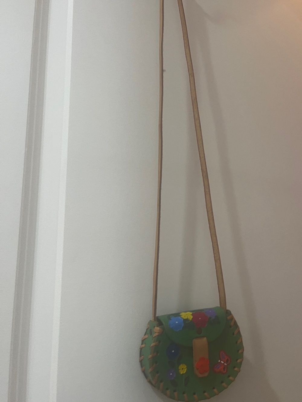 Vintage Green Hand Painted Leather Mini Crossbody Purse FLoral Butterfly  Boho